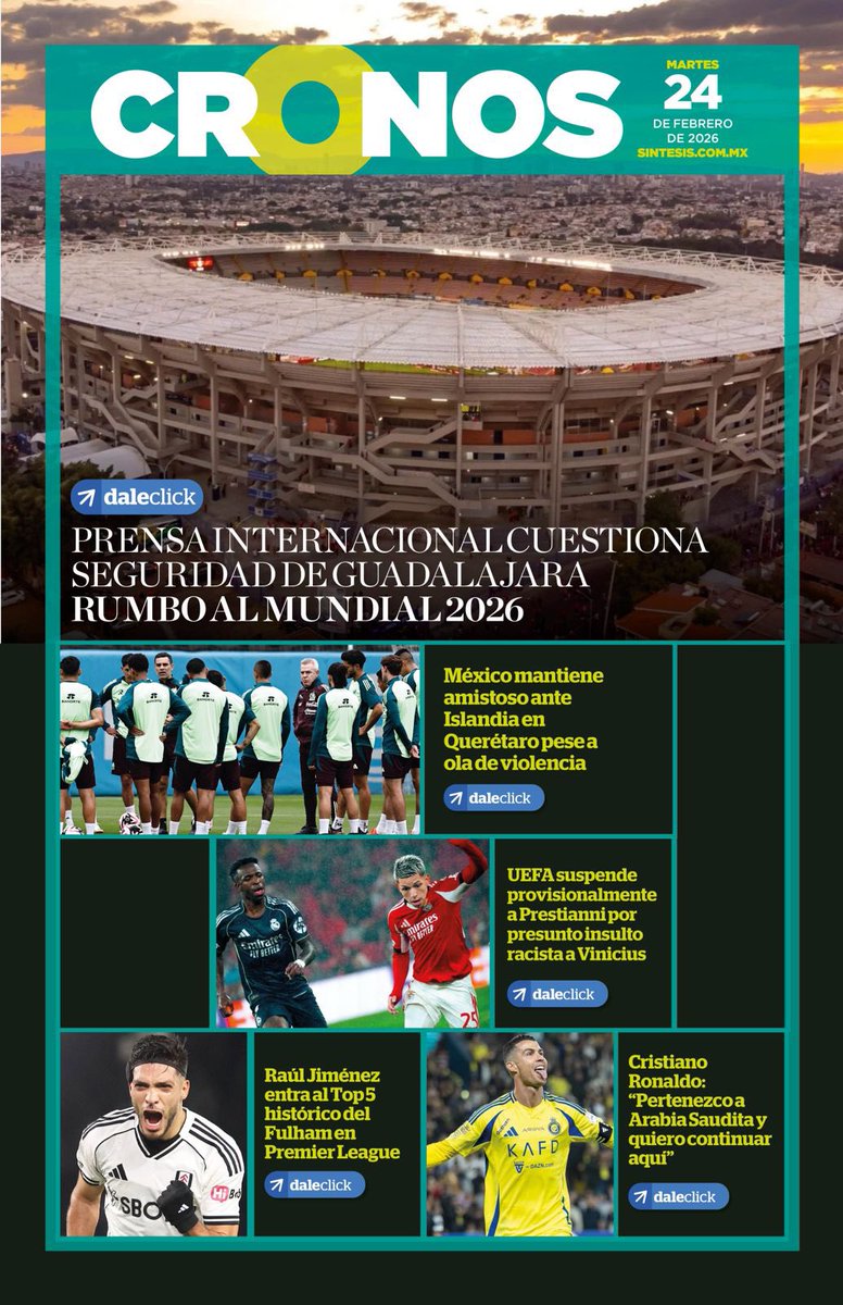 📰 Las portadas en Síntesis:

📜 Cuéllar respalda pronunciamiento de la CONAGO

🚨 Así fue el operativo para capturar a “El Mencho”

🌎 El mundo reacciona a la caída de “El Mencho”

🔥 Roban y queman camioneta del Grupo Línea M

⁉️ Cuestionan seguridad de Guadalajara rumbo al