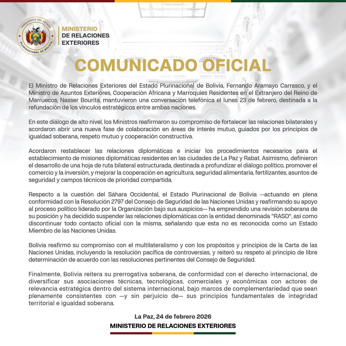 COMUNICADO// Bolivia y Marruecos inician una nueva etapa en sus relaciones bilaterales.

#SiempreBolivia  #RelacionesBilaterales #DiplomaciaActiva #PolíticaExteriorBoliviana