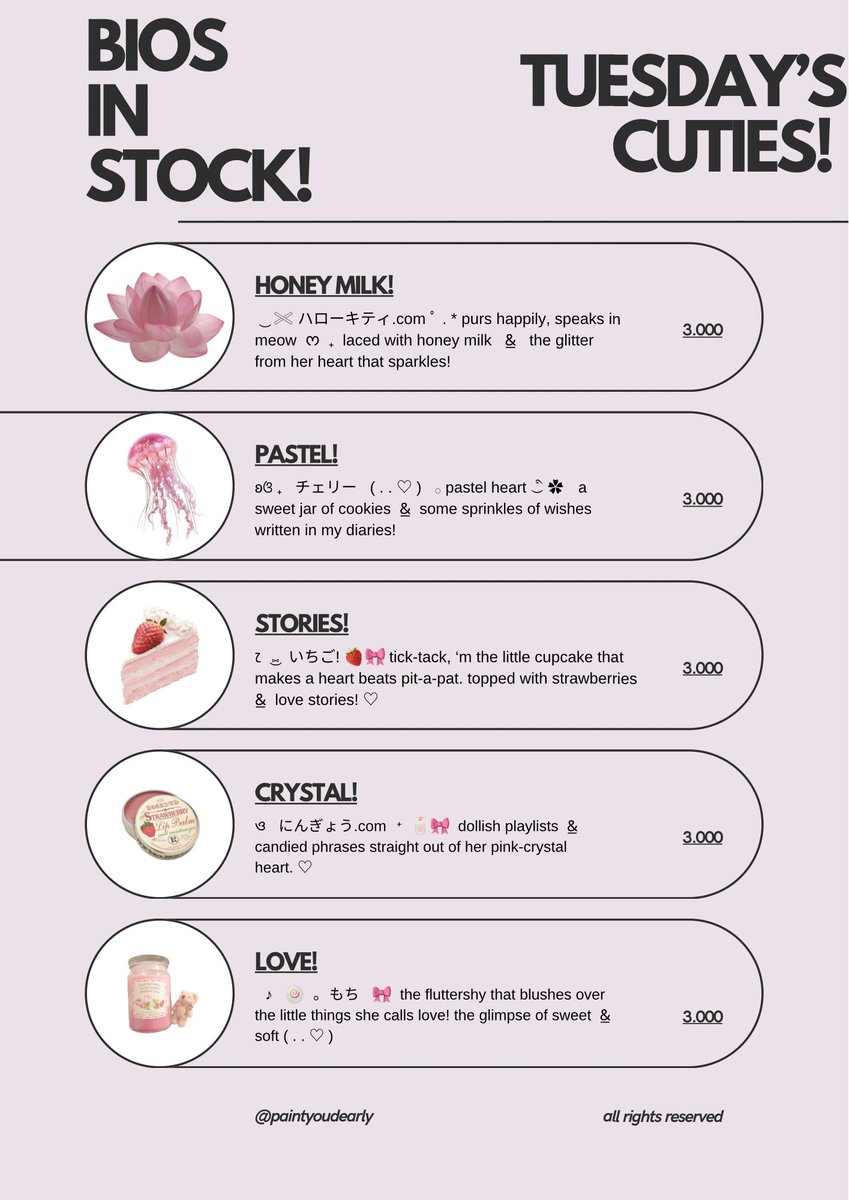 𓈒⠀⠀𓏸⠀⠀𓇼 a repost, please? thank you! 🍮🥄 

happy tuesday, lovelies! aku punya bio wording baddies &amp; cuties series ready stock yang bisa diklaim sekarang juga. 🍧🎀 grab these beauties fast! <3 #zonauang