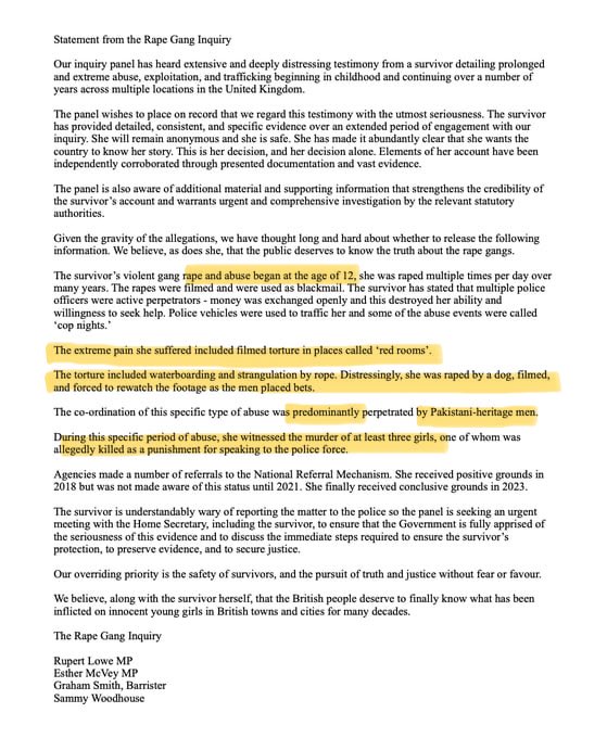 Vittnesmål från 12-årig brittisk flicka som hamnade i klorna på pakistanskt ”grooming gang” (i sig en bedrövlig eufemism). Svårt att bedöma sanningshalten, men det finns fler såna här berättelser. Många fler. Utgår från att regeringen stoppar all invandring från Pakistan tills vi