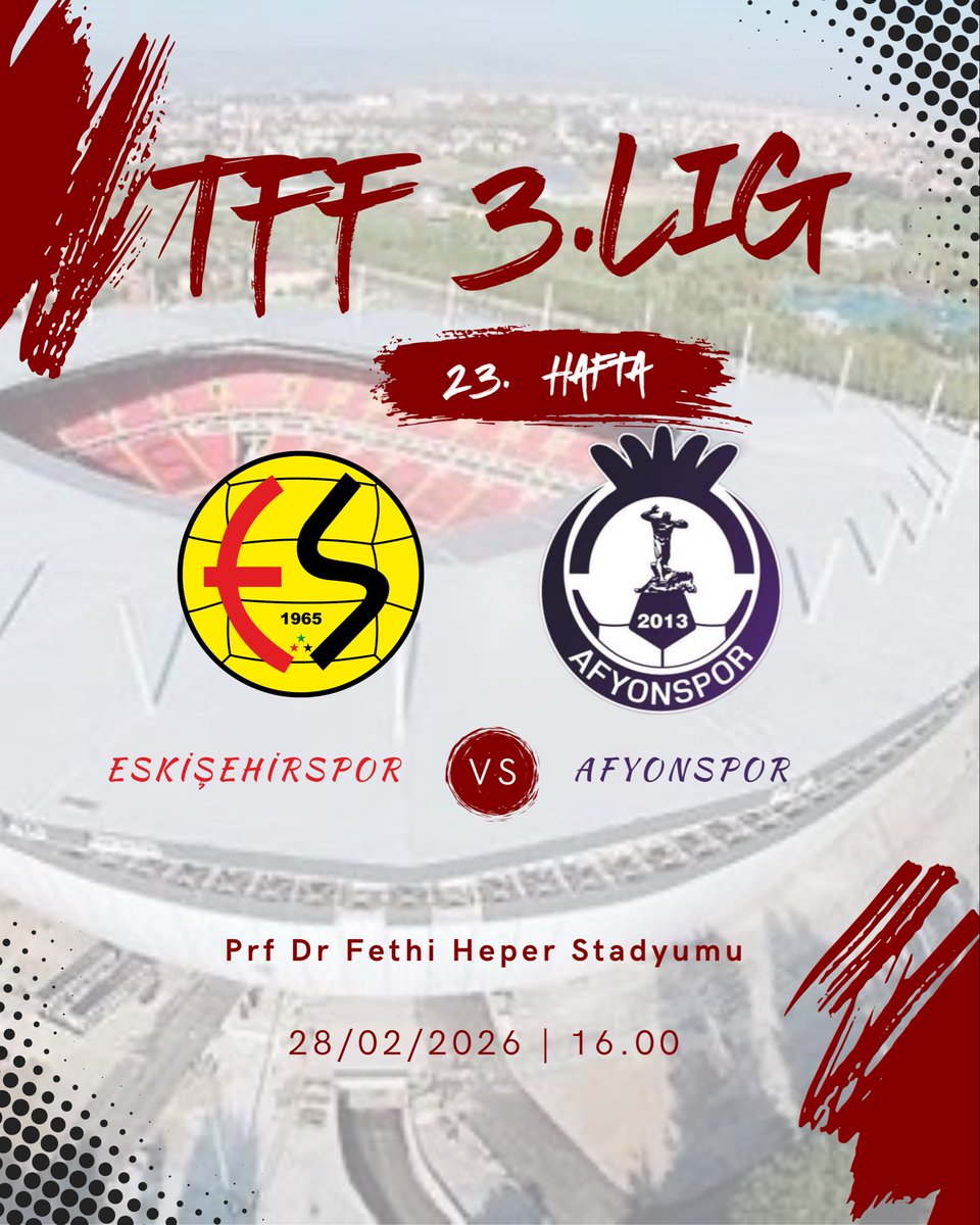 AnadoluFutbollu's tweet image. TFF 3. Lig  4. Grup   23. Hafta

Eskişehirspor 🆚 Afyonspor
📅 28.02.2026
⏰ 16.00
🏟️ Prf Dr Fethi Heper Stadyumu

Maç Skoru Kaç Kaç Olur ?

#eses #Nefer #Eskişehirspor #Anadolufutbolu