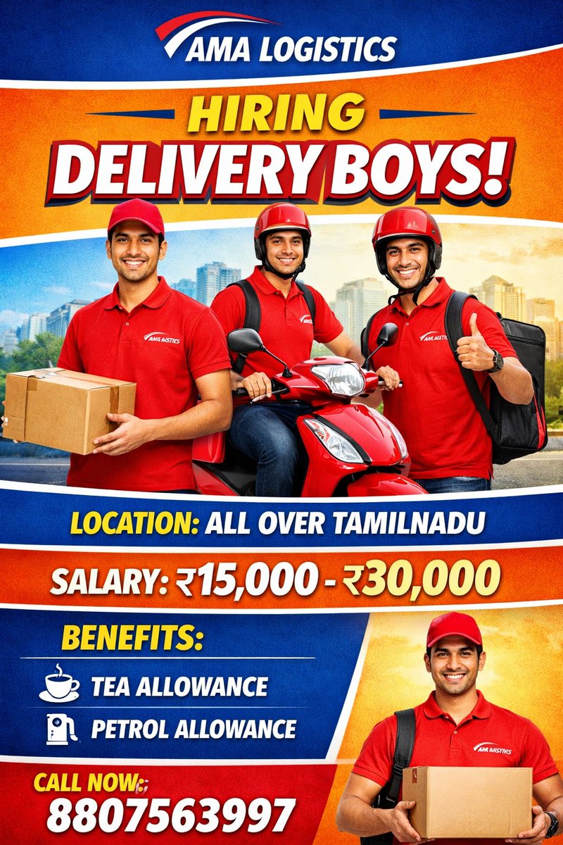 LogisticsA3958's tweet image. AMA Logistics is HIRING!!!!

Grab the opportunity ☺️

#tamilnadu
#deliveryjob
#hiringalert
#hiring 
#trendingnow 

Thank you for visiting our page ☺️✨