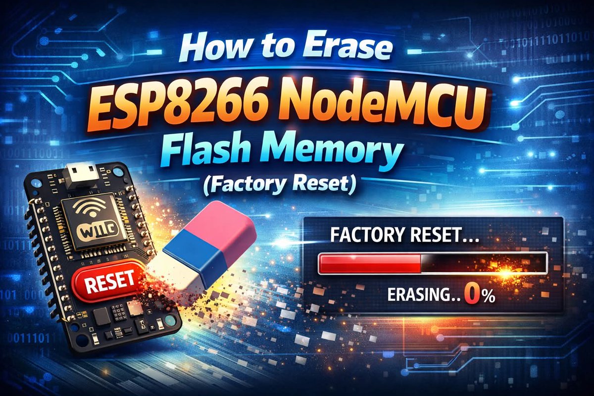 ebokify's tweet photo. How to Erase ESP8266 NodeMCU Flash Memory (Factory Reset)
https://t.co/ZyCN0DJFlk
๐ ESP8266 eBooks:
https://t.co/NxVtywe4Hb
#ESP8266 #NodeMCU #ESP8266Project #ESP8266Tutorial #Espressif #Arduino #IoT #Microcontroller #ebokify https://t.co/BHUUtOpkAa