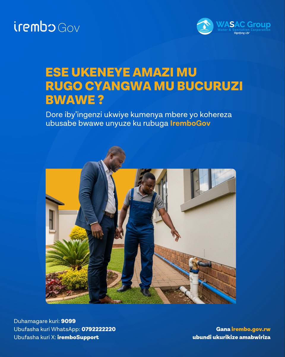 IremboGov's tweet photo. Ibyo ukwiye kumenya mbere yo Gusaba Guhabwa Amazi bwa mbere unyuze ku rubuga IremboGov (https://t.co/7qgXn8A5IF); harimo ibyangombwa ukenera, iminsi serivisi itunganywamo, igiciro, ndetse n'ibikurikiraho iyo wamaze gusaba serivisi.

Kanda hano umenye uko wasaba guhabwa amazi bwa mbere: https://t.co/Ew1vGiUvM3