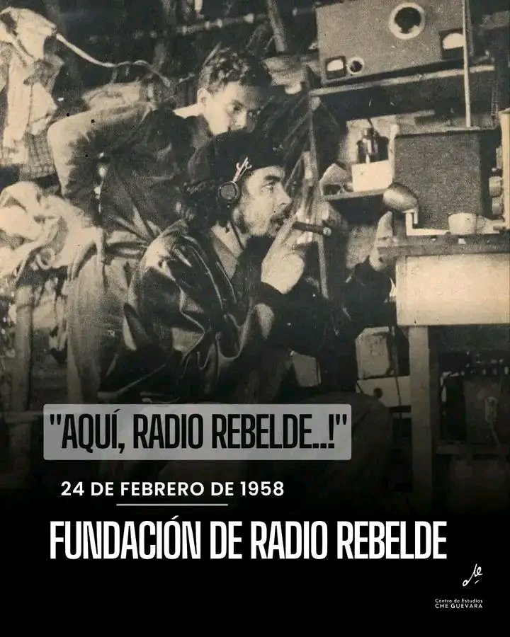 "Un Día como hoy ".... 24 de febrero de 1958 tuvo lugar, desde Altos de Conrado, Sierra Maestra, la primera transmisión oficial de Radio Rebelde, emisora fundada por el Comandante Ernesto #Che Guevara.
#PorSiempreChe 
 #RadioRebelde 
#CubaViveEnSuHistoria 
#TenemosMemoria