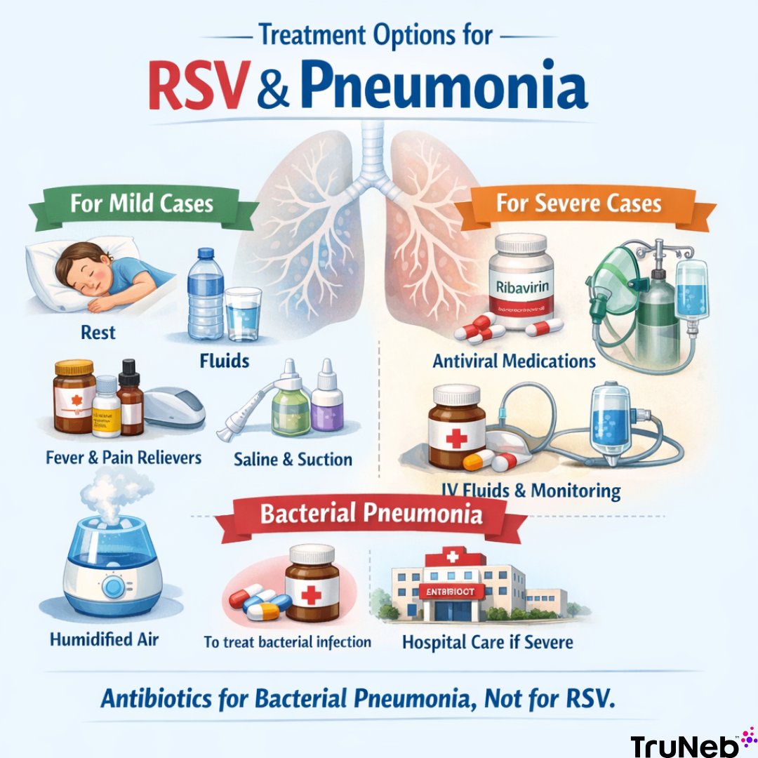 RSV is viral → supportive care (rest, fluids, fever control, humidified air). 

Pneumonia can be viral OR bacterial → antibiotics help only if bacterial. 

🚨 Urgent: trouble breathing, dehydration, blue lips, worsening symptoms.

#RSV #Pneumonia