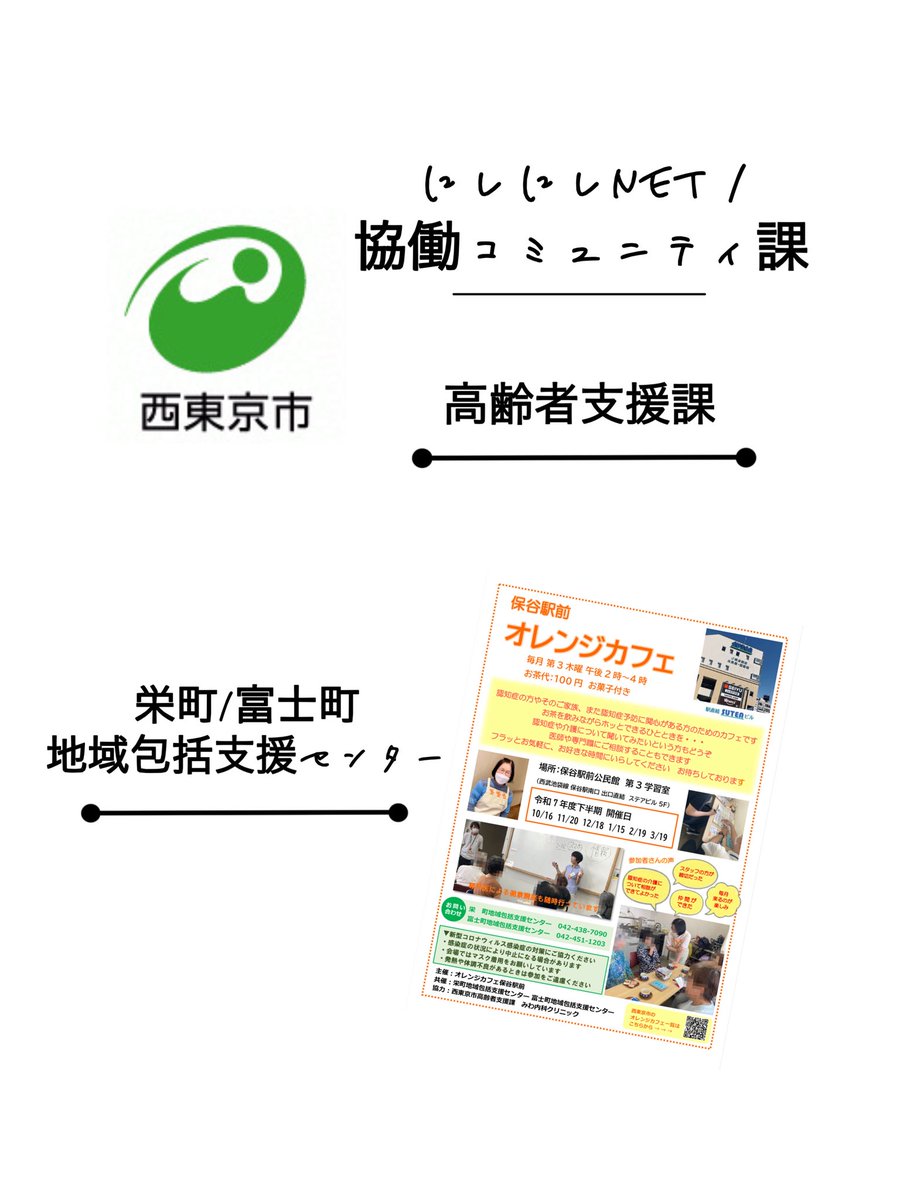 MURP_REGIONAL's tweet photo. 『つながり市』〜出店者紹介④〜

第四弾は…‼️こちら！

🍀🫧にしにしnet./協働コミュニティ課
→【地域のつながりについて考えよう！】

👴🏻👵🏻西東京市市役所 高齢者支援課
→ 【人生100年これからゲーム】

🍊☕️栄町/富士町 地域包括支援センター
→【出張オレンジカフェ】 https://t.co/hBDzIKom3K