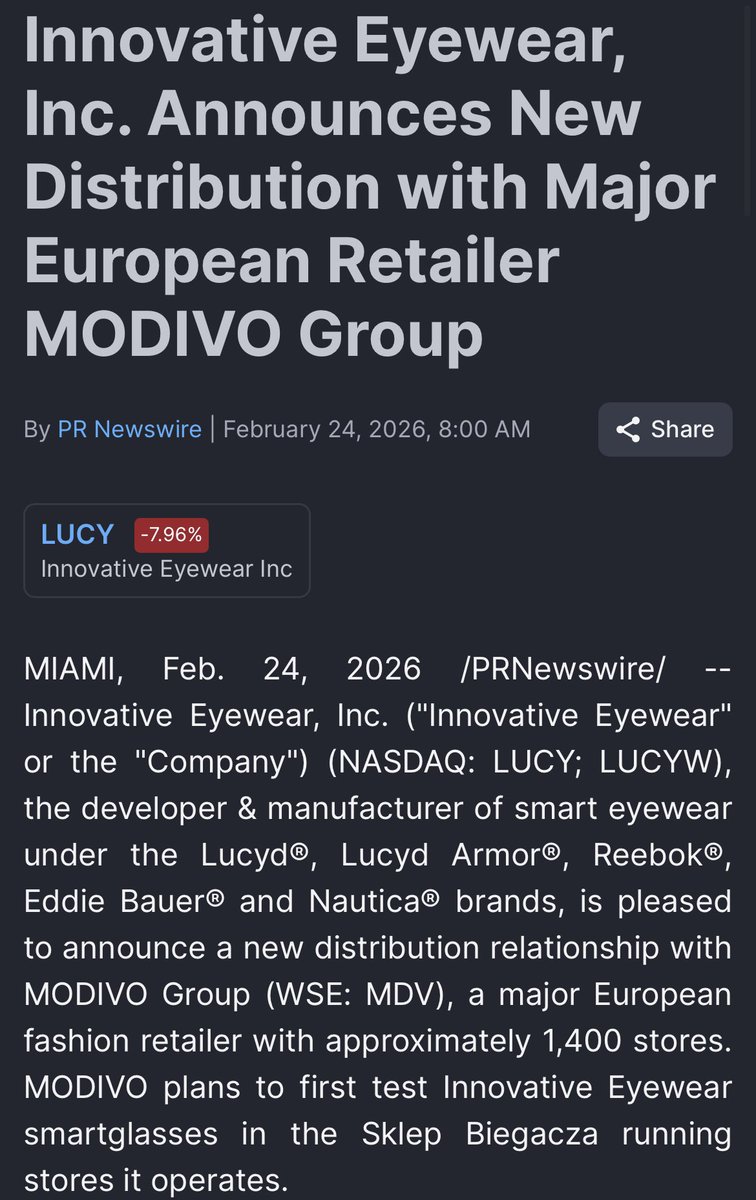 Keep 👓 on LUCY

European distribution news👇🏼
No response, nor PR drop yet on popular social media newsfeeds. Boring news morning so far.

If it hits, could see volume as a darling small cap. Ignore if a bore~