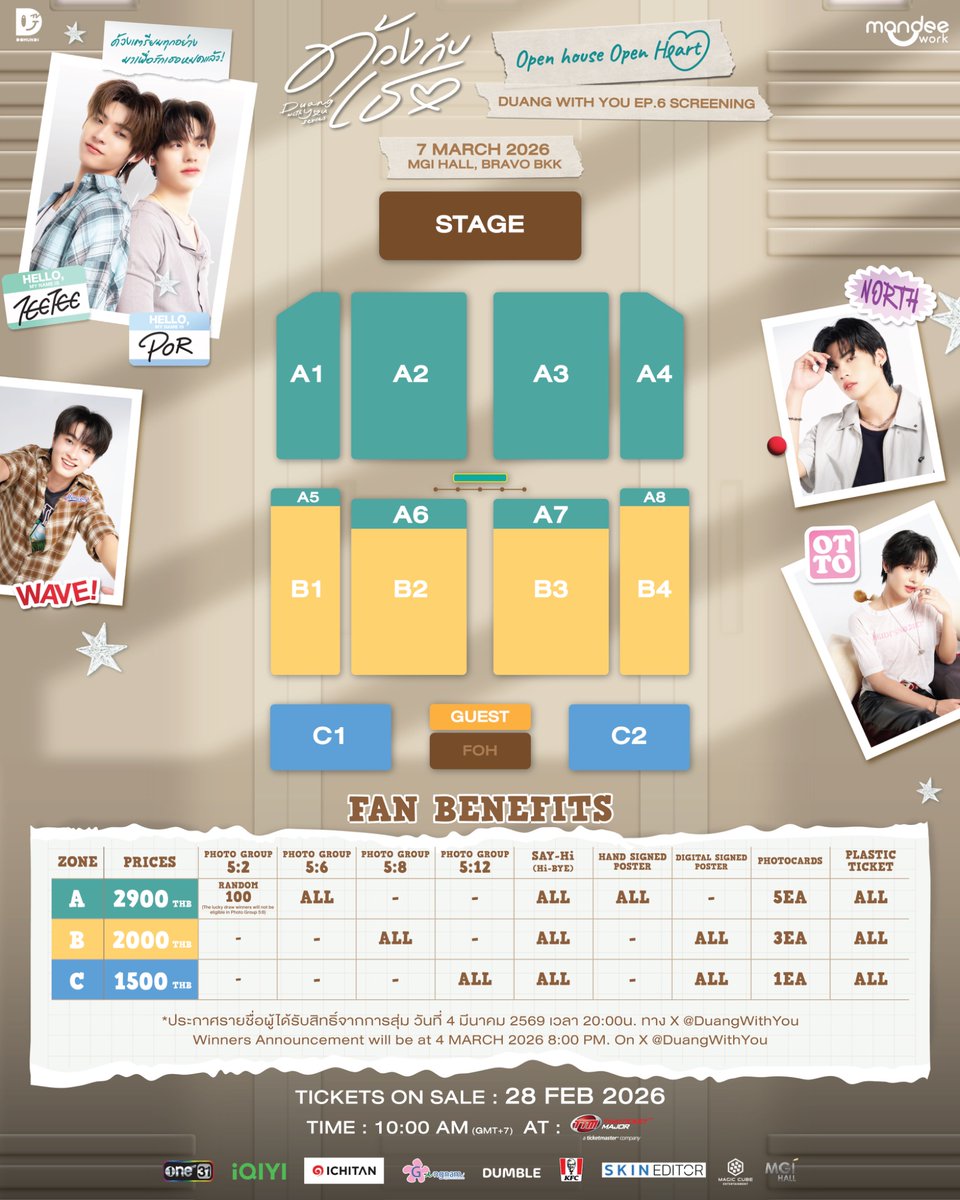 DUANG WITH YOU EP.6 SCREENING 🎨🎸

Open house Open Heart 💖 เชิญชวนคุณมามี๊มา ‘เปิดใจ’ และทำความรู้จัก ‘ด้วงกับเธอ’ กันน้าาา ~ 🫶🏻✨️👀

🗓️ : 07.03.2026
📍 : MGI HALL, BRAVO BKK

Ticket on sale
🗓️ : 28.02.2026
⏰ : 10.00 น. | 10 AM (GMT+7)
🎫 : 2,900 / 2,000 / 1,500 THB
🔗 :