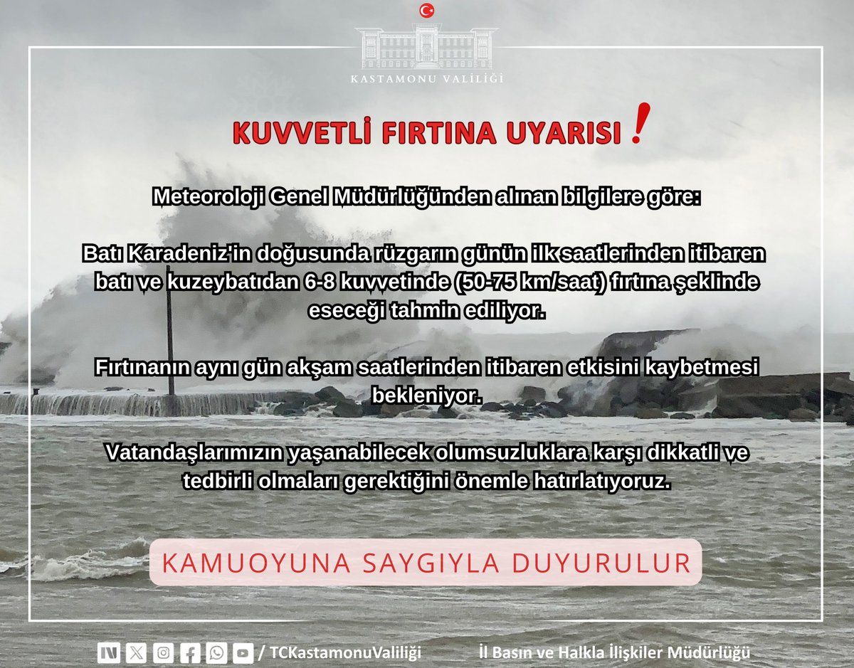 🌪️ Denizlerimizde Fırtına Bekleniyor!

📌 Meteoroloji Genel Müdürlüğünden alınan bilgilere göre;

🗓️ 25 Şubat Çarşamba günü ⤵️

📍 Batı Karadeniz'in doğusunda rüzgarın günün ilk saatlerinden itibaren batı ve kuzeybatıdan 6-8 kuvvetinde (50-75 km/saat) fırtına şeklinde eseceği