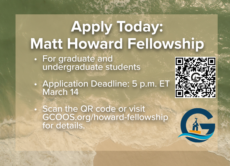 GCOOS1's tweet photo. GCOOS is accepting applications for the 2026 Matt Howard Fellowship, which offers graduate or undergraduate students the opportunity to attend a professional conference &amp; learn from GCOOS staff and partners about career options related to ocean science and data management. https://t.co/8x9lo5R5Vl