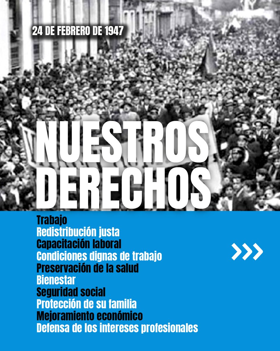 cgtoficialra's tweet photo. 📅 24 DE FEBRERO – UNA VICTORIA HISTÓRICA

El 24 de febrero de 1947 se proclamaron los 10 Derechos Fundamentales del Trabajador, un hito que marcó un antes y un después en la historia social argentina.

Trabajo, redistribución justa, condiciones dignas, seguridad social, protección de la familia y defensa de los intereses profesionales no fueron concesiones: fueron conquistas.
En 1949, esos derechos se incorporaron a la Constitución Nacional.

Hoy más que nunca reafirmamos que la memoria no es nostalgia: es compromiso activo con cada derecho conquistado.

Porque el trabajo es sagrado.
Porque la memoria es lucha. 🇦🇷

#CGT #24DeFebrero #DerechosDelTrabajador #TrabajoConDerechos #LaMemoriaEsLucha