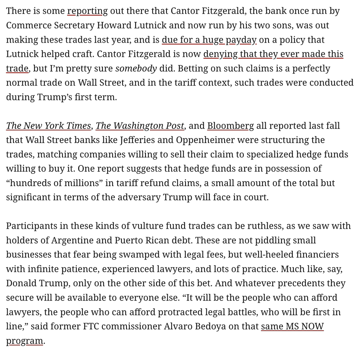 From me: The mad corporate and hedge fund rush to grab refunds for the illegal Liberation Day tariffs will dominate the next 3 years, and damage economic growth. The U.S. now has its own vulture funds:
prospect.org/2026/02/24/loo…