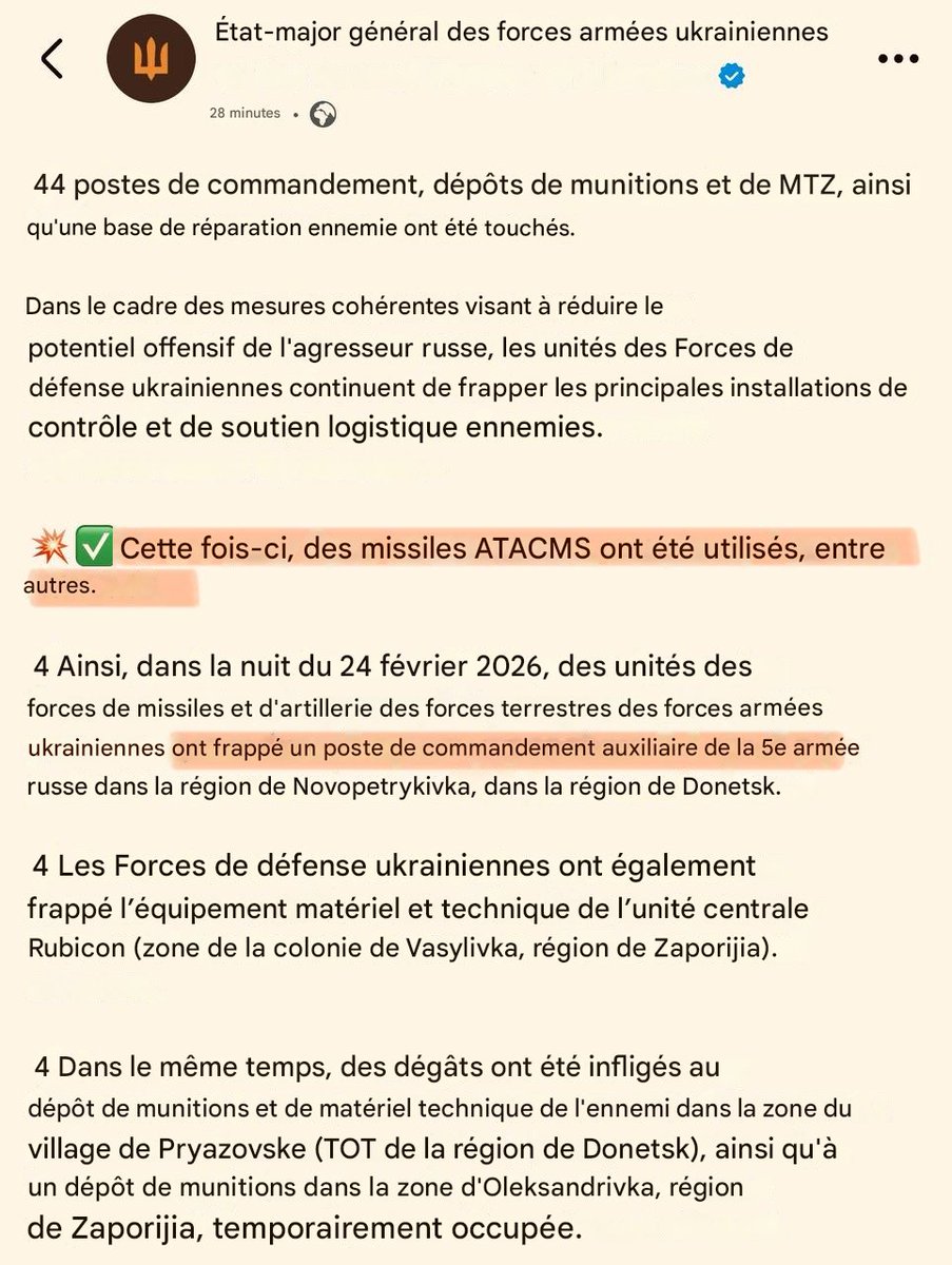 🔥 ATACMS de retour sur le champ de bataille.

Après une longue absence dans les rapports militaires, l’Ukraine a de nouveau utilisé des missiles balistiques ATACMS contre des positions russes. 
Ce retour marque un tournant potentiel : il pourrait indiquer la livraison récente