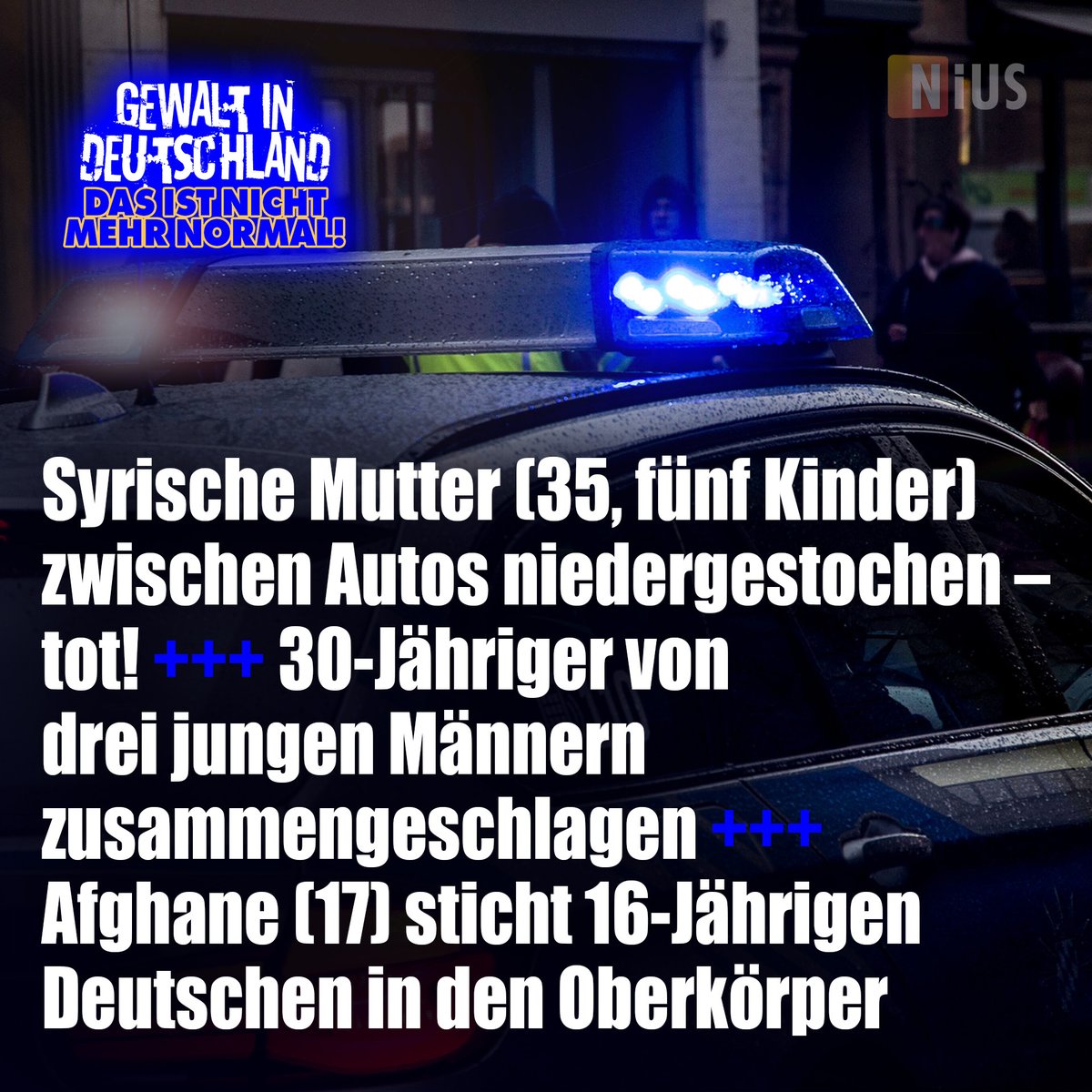Messerübergriffe, Vergewaltigungen und Tötungsdelikte sind inzwischen trauriger Alltag in Deutschland. NIUS dokumentiert den Wahnsinn, der sich in deutschen Städten abspielt, in einem ständig aktualisierten Protokoll.
nius.de/kriminalitaet/…