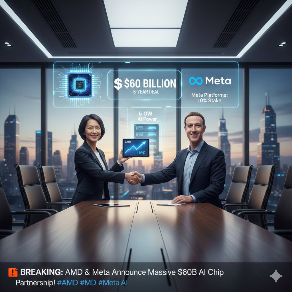 bidon_games's tweet photo. 🚨 BREAKING: AMD just secured a massive 5-year, $60B AI chip deal with Meta!
This is AMD’s second "mega-deal" (following OpenAI), positioning them as the ultimate challenger to Nvidia’s dominance. Meta also gets warrants to acquire up to 10% of $AMD.
The AI hardware wars are heating up. 📈 #AMD #Meta #AI #TechNews