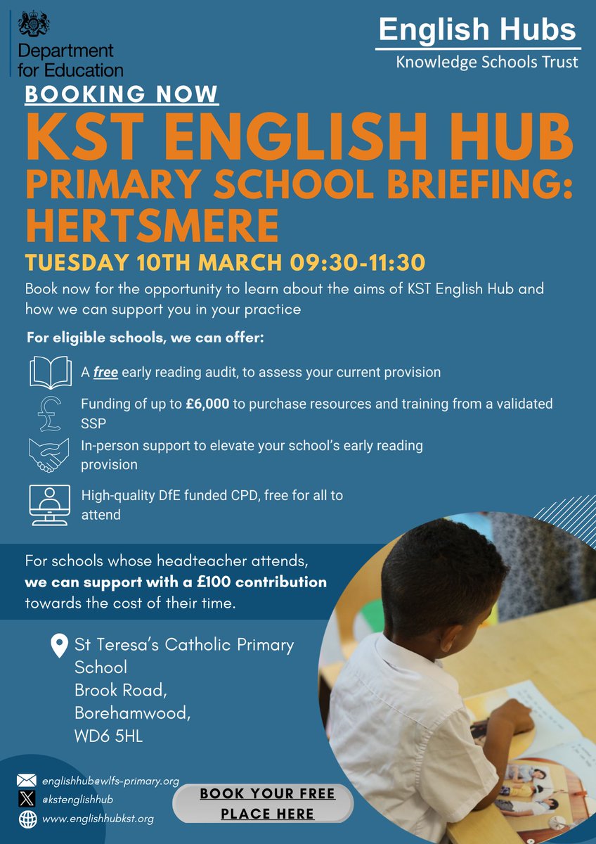 kstenglishhub's tweet photo. Calling ALL English Lead/ Senior Leaders/ Headteachers in the Hertsmere area! We have an exciting, in-person briefing being held in your area. Book your FREE tickets here: https://t.co/FSV0jDrsSN https://t.co/y2rMpQS315