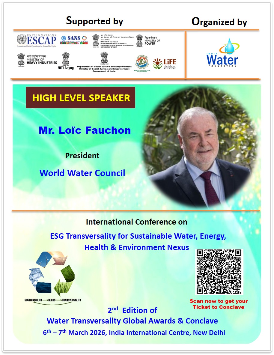 IndiaWaterFoun1's tweet photo. We are pleased to announce that Mr. #LoïcFauchon, President, #WorldWaterCouncil will be a #HighLevelSpeaker at the International Conference on ESG Transversality for a Sustainable Water–Energy–Health & Environment Nexus...Click here https://t.co/UjvEuoWozK https://t.co/T2wVKQNBYh