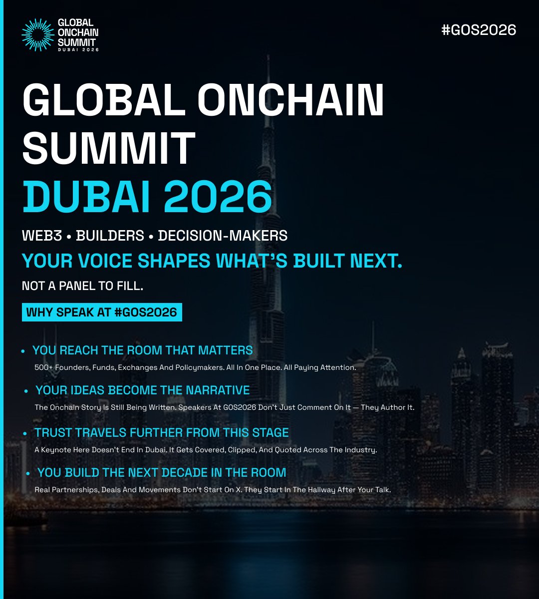 GlobalOnchain's tweet photo. π Real partnerships don't start on X. They start in the hallway after your talk.
π€ Take the stage at #GOS2026 in Dubai and build the next decade of Web3 with the room that matters.
Apply to speak today! π
https://t.co/HWNyV0RakN https://t.co/bYZXEhA7KU