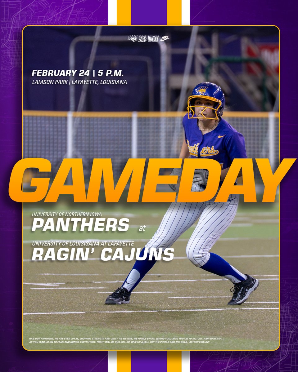 UNISoftball's tweet photo. Cats v Ragin' Cajuns in the Bayou State!

🆚: Louisiana
📍: Lafayette, Louisiana
🏟️: Lamson Park
⏰: 5 p.m.
📺: https://t.co/vUZfeOYjSU
📊: https://t.co/9vwQXRUY6x

#EverLoyal | #1UNI https://t.co/Bx0Xwj1BhB