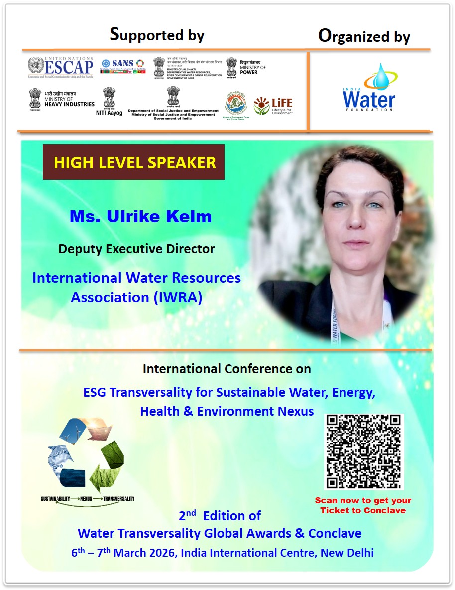 IndiaWaterFoun1's tweet photo. We are pleased to announce that Ms. #UlrikeKelm
Deputy Executive Director #IWRA will be a #HighLevelSpeaker at the International Conference on ESG Transversality for a Sustainable Water–Energy–Health & Environment Nexus...Click here https://t.co/UjvEuoWozK https://t.co/WRZVgSlNC2