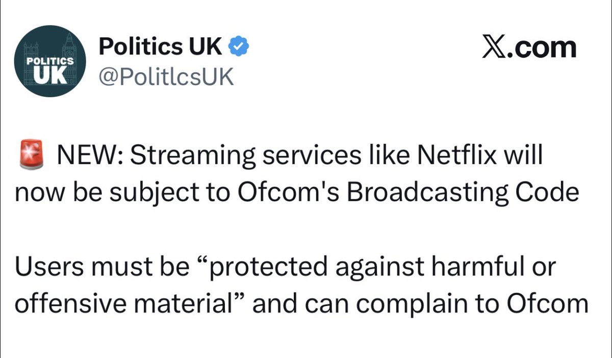 Starmer promised to “tread lightly on your lives”.

Now he wants to regulate Netflix.

It’s a matter of time before he comes for Youtube and Facebook.

He wants total control over what you see and hear online.

He is an authoritarian, election-cancelling, fraction of a man who