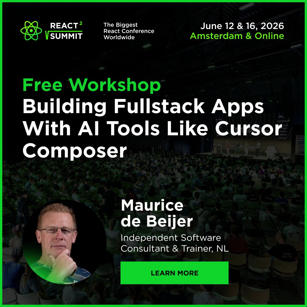 ReactSummit's tweet photo. ⚛️ FREE workshop — included with your React Summit ticket. Topic: Building Fullstack Apps With AI Tools Like Cursor Composer.

@MauriceDB shows how tools like Cursor Composer are transforming modern React workflows.

Learn AI-powered patterns and faster fullstack flows. https://t.co/mqYoyfjTDE
