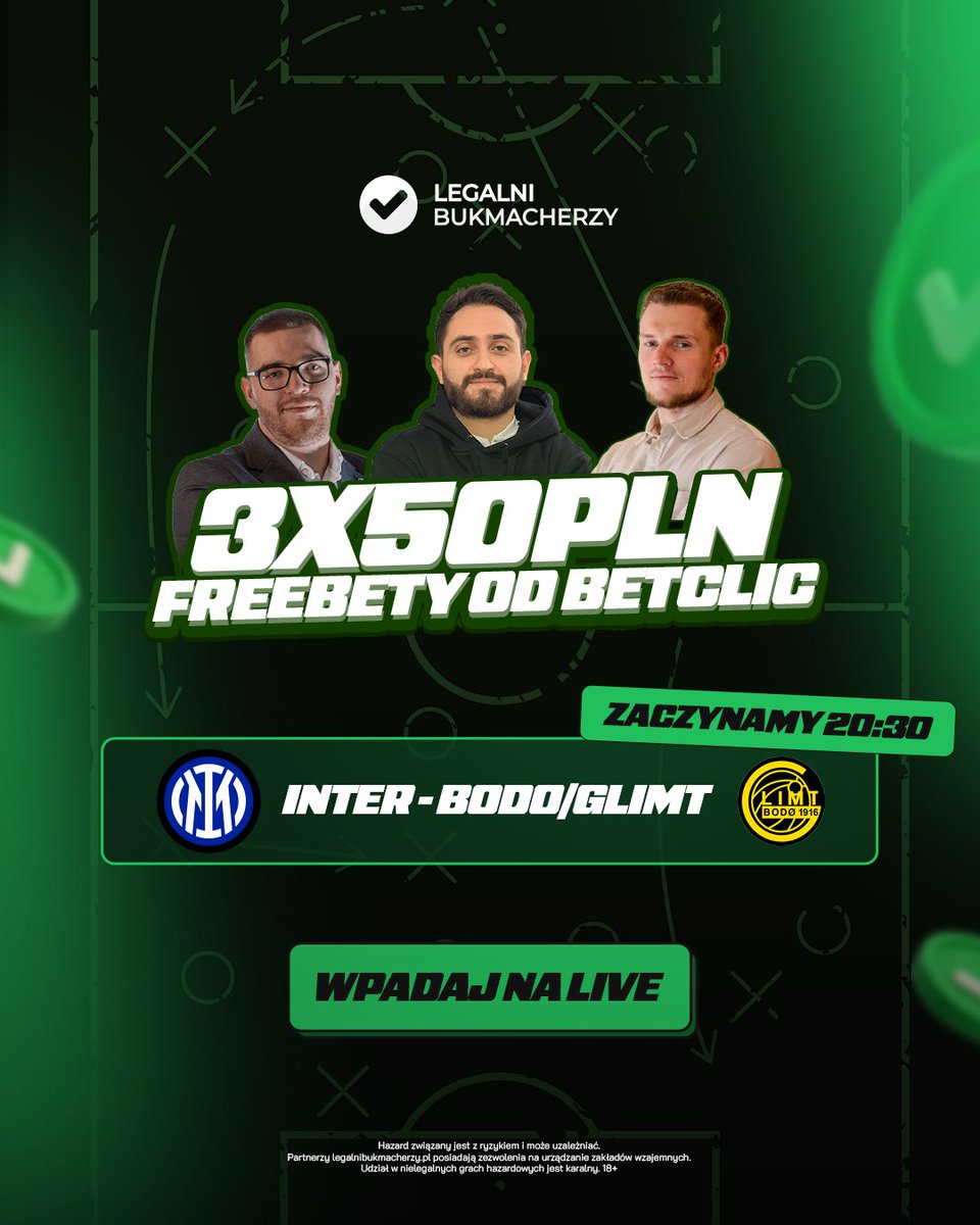 Ruszamy z nowym formatem — „Typuj na żywo z legalnymi” ⚽️ 
Wspólnie będziemy typować mecz Inter vs Bodo/Glimt. Podczas transmisji rozdamy również 3x freebety do Betclic o wartości 50 PLN! 🤑

|Nasz live wystartuje o 20:30 pod tym linkiem! 👇youtube.com/watch?v=DNxHHE…