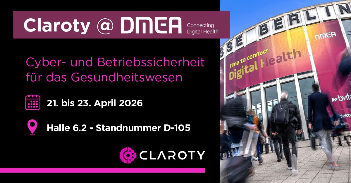 📣 Besuchen Sie <a href="/Claroty/">Claroty</a> auf der <a href="/_DMEA/">DMEA - Connecting Digital Health</a> 2026 und erfahren Sie, wie wir #IoMT-, #IoT- und #OT-Systeme im #Gesundheitswesen schützen—für mehr Transparenz, geringeres Risiko und stabile Klinikabläufe.

🗓️ Vereinbaren Sie Ihren Gesprächstermin: hubs.ly/Q044lzfy0

#DMEA2026