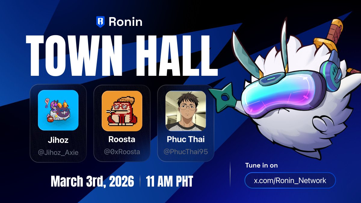 The first Ronin Town Hall of 2026 is on March 3rd 11AM PHT!

Hear from professor <a href="/Jihoz_Axie/">Jihoz.ron</a>, head of growth @0xroosta, and head researcher <a href="/phucthai95/">Phuc Thai</a> about:

• Proposed RON updates
• How Proof of Distribution will reward builders
• Recent highlights in the Ronin ecosystem