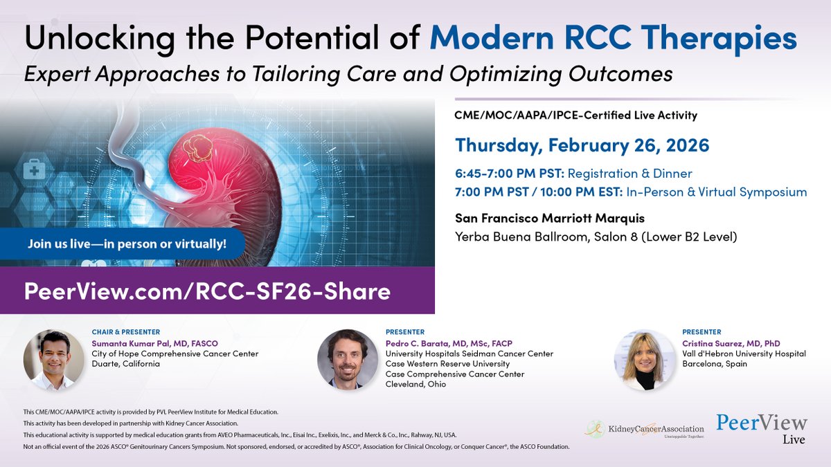 KidneyCancer's tweet image. How do you individualize care with today’s growing arsenal of #RCC therapies?

Hear insights from @montypal, @PBarataMD, and @crisuarez08 on sequencing, combinations, and future paradigms at this @PeerView Live symposium during #GU26! 🔗 bit.ly/RCC-SF26-T #Oncology #Urology