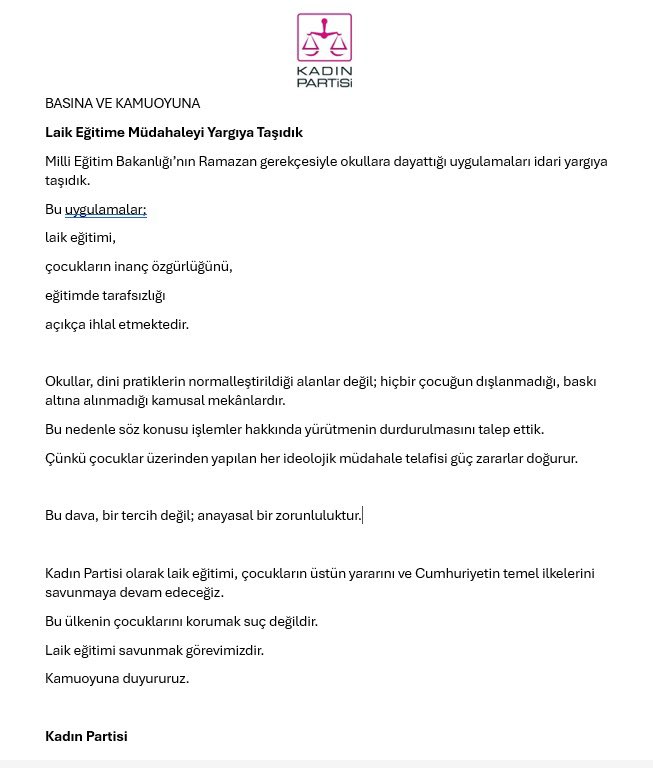 📢BASINA VE KAMUOYUNA
Laik Eğitime Müdahaleyi Yargıya Taşıdık
Milli Eğitim Bakanlığı’nın Ramazan gerekçesiyle okullara dayattığı uygulamaları idari yargıya taşıdık.
Bu uygulamalar;
laik eğitimi,
çocukların inanç özgürlüğünü,
eğitimde tarafsızlığı
açıkça ihlal etmektedir. #laiklik
