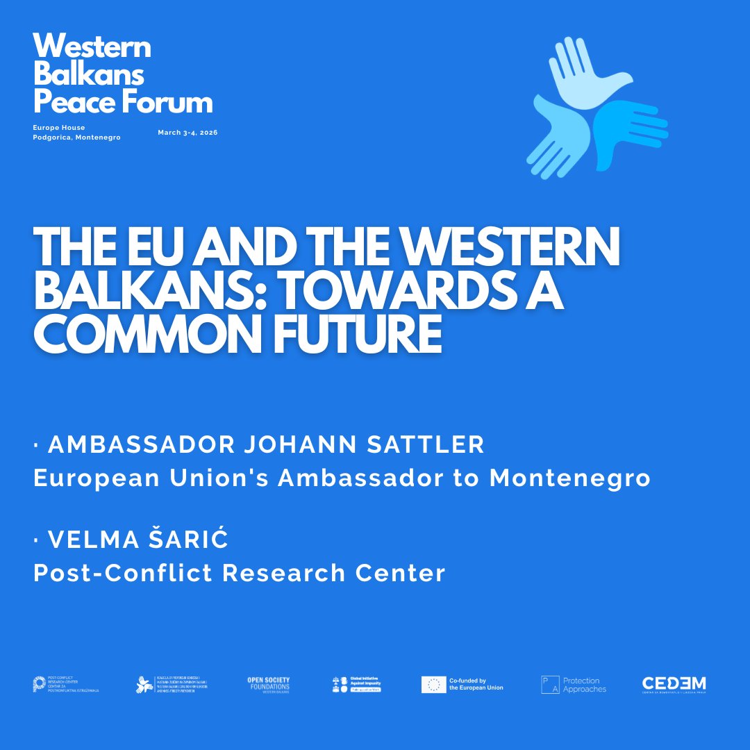 PCRCBiH's tweet photo. The inaugural Western Balkans Peace Forum, organized by the Post-Conflict Research Center in cooperation with regional and international partners, starts in seven days in #EuropeHouse #Podgorica! In the days to come, we will announce the #wbpeace speakers and program!

The Forum will be opened by @josattler, Ambassador of @EUAmbME and @VelmaSaric, #PCRCBiH President.

The realization of the Forum is connected to the support and goals of the European Union and the Open Society of the Western Balkans in strengthening peace and stability in the Balkans. The Forum moderation is in the hands of Nicolas Pantelick, Fellow at @Harvard and our center.

#westernbalkans #peace @cgmap_balkans  @OpenSociety