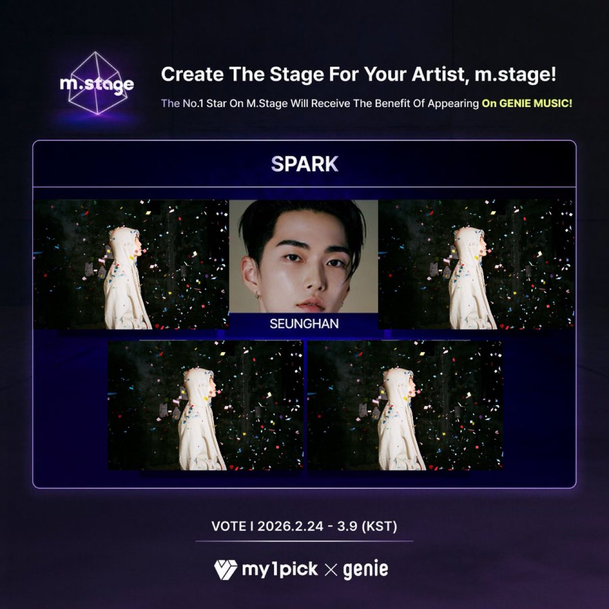 ชวนทุกคนมาโหวต m.stage ของ my1pick X Genie Music ให้ #ซึงฮัน กันค่ะ

ระยะเวลาโหวต 
🗓️ วันนี้ - 9 มีนาคม 2026 เวลา 21:59 น. ไทย

รางวัล
🥇 ผู้ชนะอันดับ 1 จะได้ลงคลิป genie original’s From X ในช่องของ Genie Music

ช่องทางการโหวต
📱แอพ my1pick
🔗 fsn-app.my1pick.com/app/link/theme…

✅ ใช้