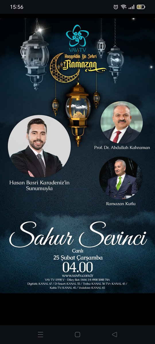 Dekanımız Prof. Dr. Abdullah Kahraman, bu gece 04.04.00’te Vav Tv'de Hasan Basri Karadeniz ile "Sahur Sevinci" programına konuk oluyor. 🌙✨

⏰️ 04.00
🗓️ 25 Şubat 2026 Çarşamba
🌐 vavtv.com.tr

​#Ramazan #SahurSevinci #VavTV #AbdullahKahraman #HayırlıSahurlar