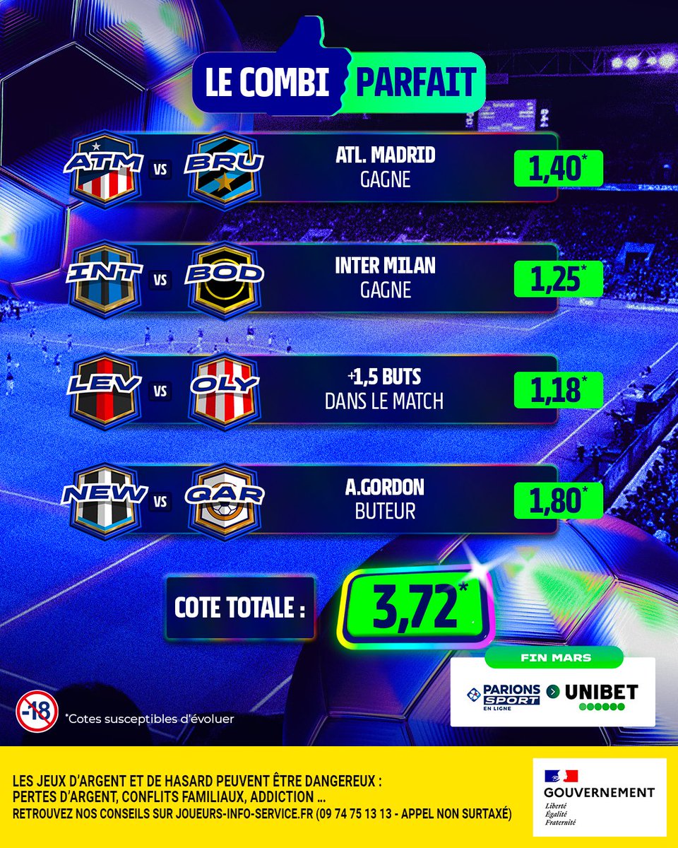 Votre #CombiParfait ! 🚀

Ça fait 3/4 ? 👉 5x20€ de freebet
Ça fait 4/4 ? 👉 10x20€ de freebet

Pour jouer :
🤝 RT + Follow

🗓️ TAS le 25/02
📃 Règlement : bit.ly/40pQpqn