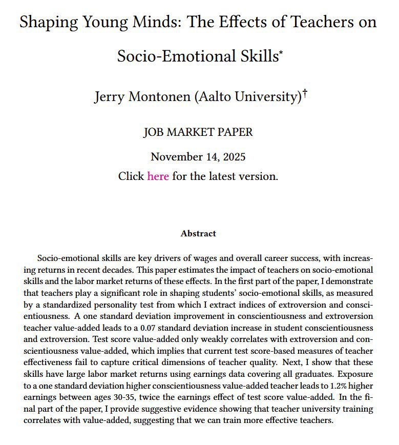 Los profesores no solo influyen en los resultados académicos: también moldean habilidades socioemocionales (responsabilidad y extroversión), claves para el éxito laboral.
Un profesor 1σ mejor en valor añadido socioemocional → +0,07σ en esas habilidades sites.google.com/view/jerrymont…