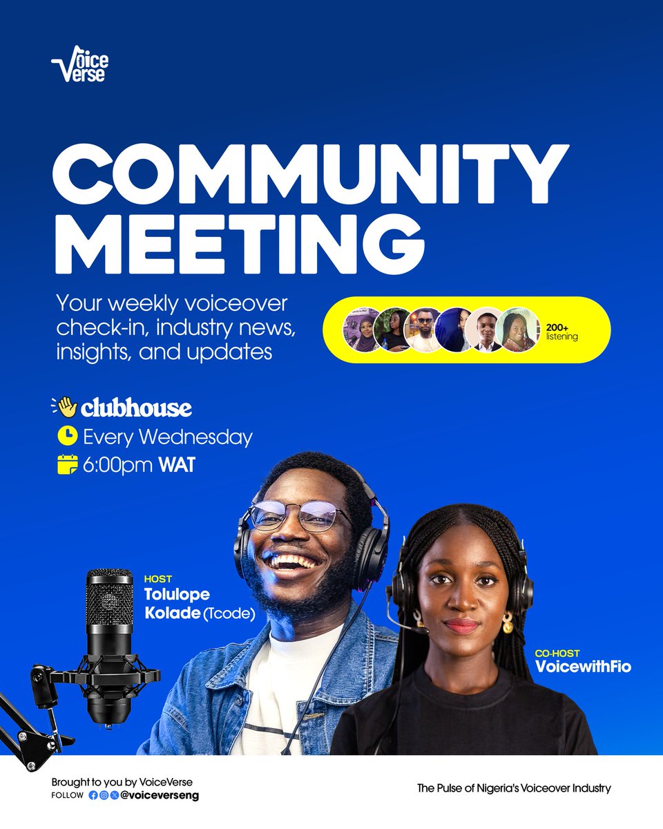 VoiceVerseNG's tweet photo. You know what time it isโฆ ๐
Itโs Clubhouse Wednesday with your hosts @Tcode_70 and @voicewithfio
Join us on the Clubhouse App tomorrow, by 6pm! ๐
Come prepared. Come ready. Letโs have real conversations! ๐ฅ
#voiceactors #voiceovercommunity #voiceverseclubhouse https://t.co/KL6nDZFtrq