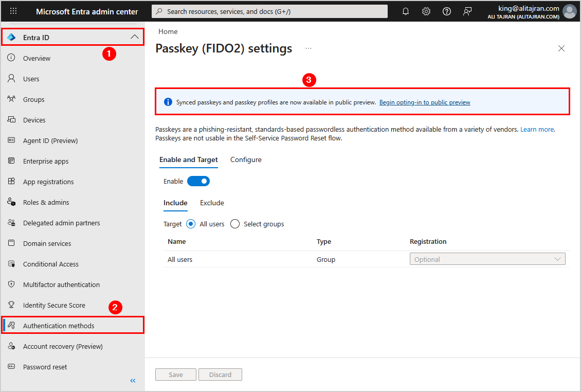 alitajran's tweet photo. Microsoft will auto-enable passkey profiles in Microsoft Entra ID!

Starting in March 2026, Microsoft Entra ID will introduce passkey profiles and synced passkeys to General Availability (GA).

This update allows administrators to opt in to a new passkey profiles experience that supports group-based passkey configurations and introduces a new passkeyType property.

The passkeyType property enables admins to configure:

- Device-bound passkeys
- Synced passkeys
- Both

If a tenant does not opt in to passkey profiles during the initial rollout window, the new schema will be automatically enabled at the date range specified below. When this occurs:

- Existing Passkey (FIDO2) authentication method configurations will be moved into a Default passkey profile.
- The passkeyType value will be set based on the tenant's current attestation settings.
- For tenants that have synced passkeys enabled, Microsoft-managed registration campaigns will update to target passkeys.

𝐖𝐡𝐞𝐧 𝐭𝐡𝐢𝐬 𝐰𝐢𝐥𝐥 𝐡𝐚𝐩𝐩𝐞𝐧:

- General Availability (Worldwide): Rollout begins in early March 2026 and is expected to complete by late March 2026.
- General Availability (GCC, GCC High, and DoD): Rollout begins in early April 2026 and is expected to complete by late April 2026.

𝐖𝐡𝐨 𝐢𝐬 𝐚𝐟𝐟𝐞𝐜𝐭𝐞𝐝:

All Microsoft Entra ID tenants.

𝐖𝐡𝐚𝐭 𝐰𝐢𝐥𝐥 𝐡𝐚𝐩𝐩𝐞𝐧:

If you have not opted in to passkey profiles by your automatic enablement period, your tenant will be migrated to passkey profiles.

𝐖𝐡𝐚𝐭 𝐲𝐨𝐮 𝐜𝐚𝐧 𝐝𝐨 𝐭𝐨 𝐩𝐫𝐞𝐩𝐚𝐫𝐞:

If you want a configuration different from the migration defaults, review the timeline above and opt in to passkey profiles before your tenant's automatic enablement window begins. Then configure the Default passkey profile's passkeyType to your preferred values.

Communicate upcoming changes to your helpdesk or security teams.

Learn more:

- https://t.co/IkcUqMrvEi
- https://t.co/sVG1psZlkH
- https://t.co/8DpPD3PV2q
- https://t.co/PSIMOwQ030

#EntraID #Microsoft365 #Microsoft