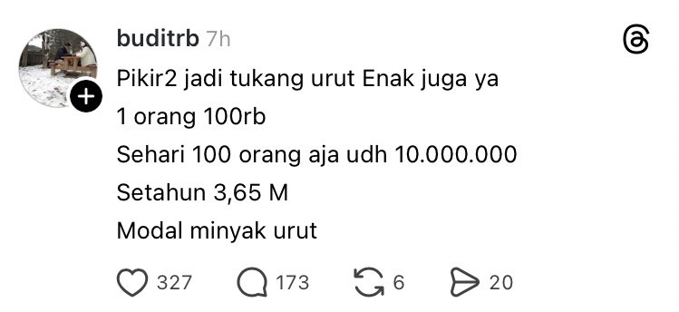 Tukang cukur cuman modal gunting sama sisir. Kalau 1 orang 20rb, sehari 1000 orang setahun udah berapa itu?

Semua tergantung genset