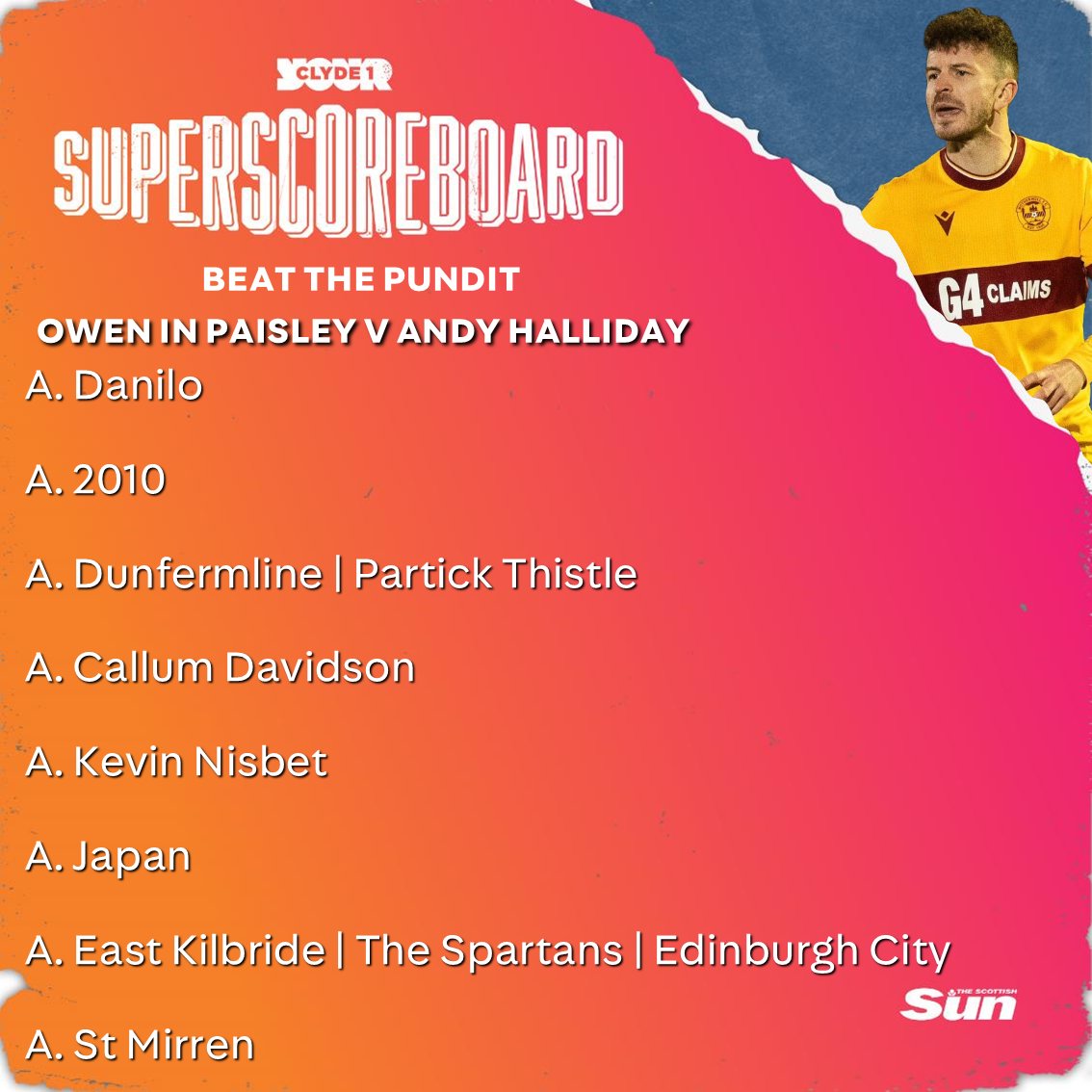 ClydeSSB's tweet photo. 🥊 A knockout victory for Andy Halliday on #BeatThePundit last night – winning 6️⃣–1️⃣ against Owen in Paisley, but misses out on going for the 🔟!

Owen: 🅿️❌✅🅿️🅿️
Andy (–1): ✅✅✅✅✅❌✅✅

🫵 You could play tonight against Gordon Dalziel or Brian Graham ⚽ Call 0141 951 1025 https://t.co/7P6o8ko9mw