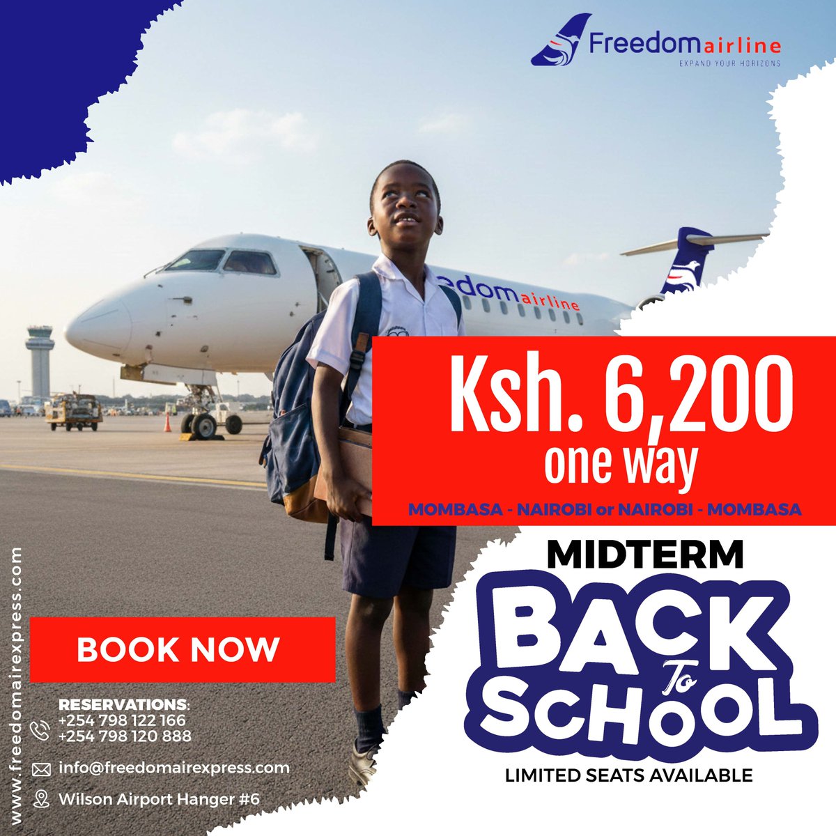 FreedomAirKe's tweet image. Parents, send them home safely this midterm 🎒✈️

Nairobi ⇄ Mombasa from Ksh 6,200 one way
Fast. Safe. Stress-free.
Limited seats available.

📞 +254 798 122 166 / +254 798 120 888
🌐 freedomairexpress.com

#FreedomAirline #TravelWithFreedom #BackToSchool #ExpandYourHorizons