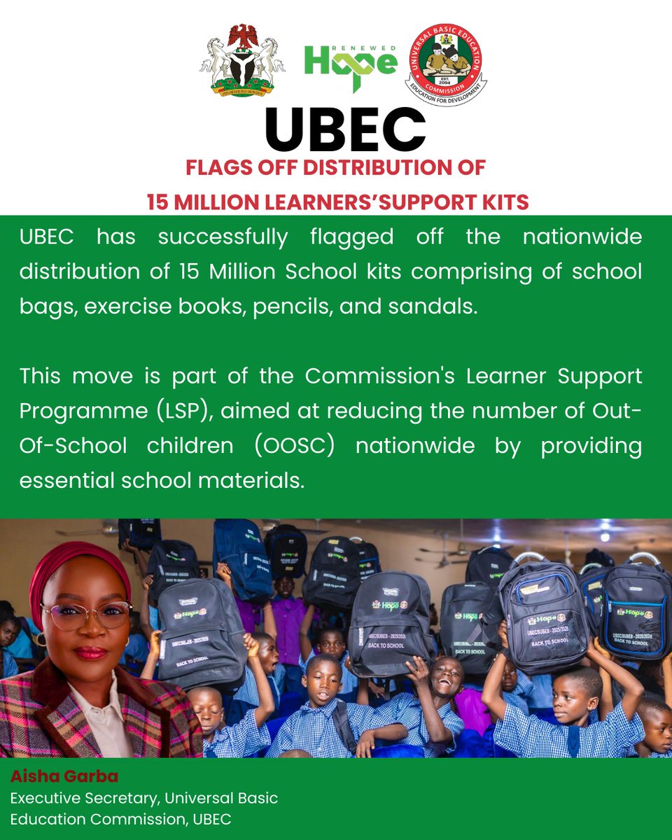 marketUpdate_'s tweet photo. UBEC under the leadership of Dr Aisha Garba @AishaMGarba has successfully flagged off the nationwide distribution of 15 million school kits comprising of school bags, exercise books, pencils, and sandals. https://t.co/ioP5H4Mjq4