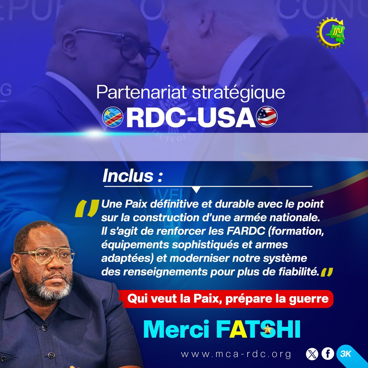 <a href="/MCA_NEWS2/">MCA_NEWS ll</a> et Son président national KAS KASONGO KALALO 3K <a href="/KasongoKas/">✍️(3K) KASONGO KAS</a> continuent toujours a remerciés le président de la RDC FATSHI pour la réforme de l'armée congolaise,une paix durable,création des emplois aux jours avenirs,avec un partenariat stratégique entre la RDC -USA...