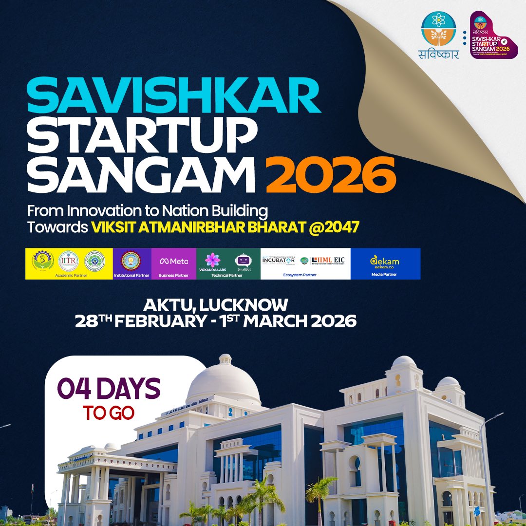 SavishkarIndia's tweet image. 4 Days To Go! 🚀🔥

Savishkar Startup Sangam 2026 is almost here!
Join us at Dr. A.P.J. Abdul Kalam Technical University for innovation, ideas &amp;amp; inspiration. ✨

📅 28 Feb – 1 Mar 2026

#4DaysToGo #SavishkarStartupSangam2026 #InnovationUnleashed 🚀