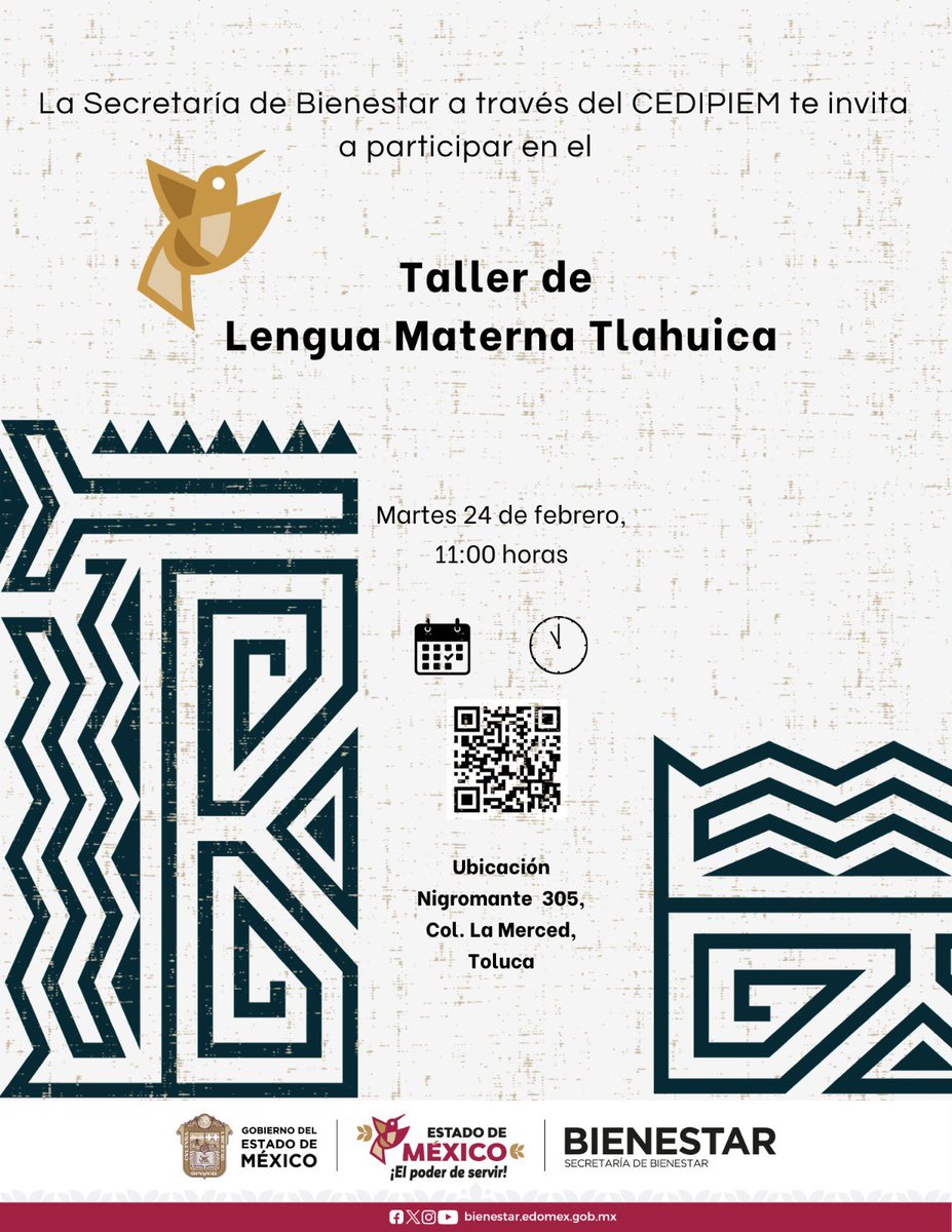 🗓️ Martes: Cultura Tlahuica

¡Hablemos Tlahuica! 🗣️

La preservación de nuestras lenguas es tarea de todos. Acompáñanos este martes 24 de febrero en un espacio de aprendizaje y convivencia.

• 11:00 horas: Taller de Lengua Materna (Tlahuica).

📍 Lugar: Instalaciones de CEDIPIEM