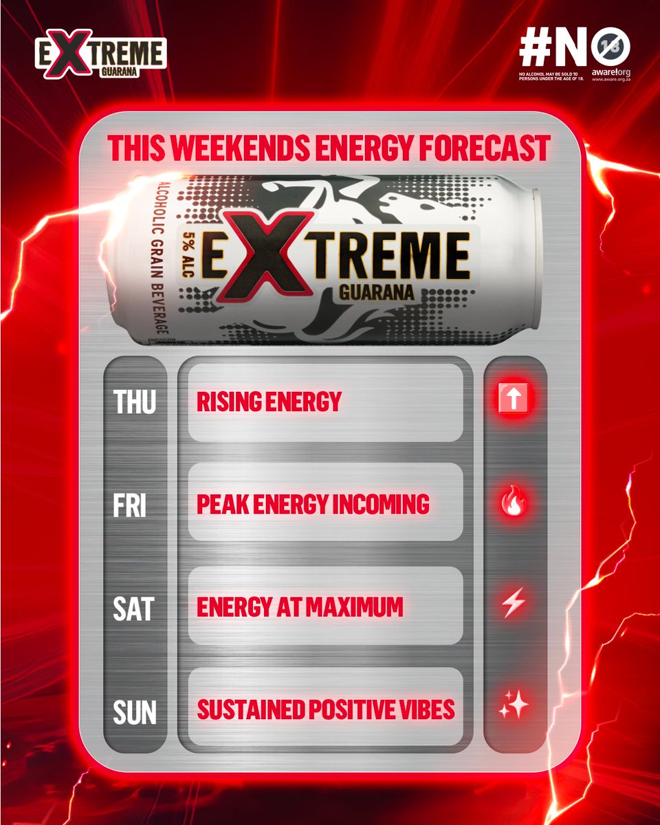 Your weekend energy forecast is IN!⚡

Brought to you by Extreme - the only energy system you need to keep the weekend going strong 💪

What are your weekend plans? Comment below for a chance to WIN Extreme swag to fuel your moves!

#ExtremeGuarana #WeekendForecast #WeekendEnergy