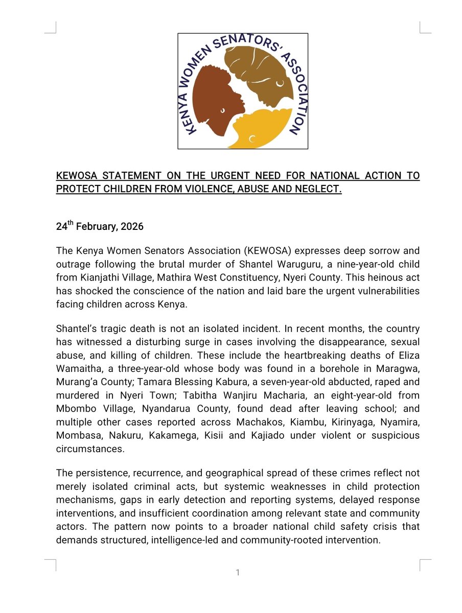 KEWOSA1's tweet photo. The Kenya Women Senators Association, led by Chairperson Senator Veronica Maina, has called for urgent, coordinated national action to end the rising cases of violence, abuse and neglect against children across the country. https://t.co/0upV2f6Vhp