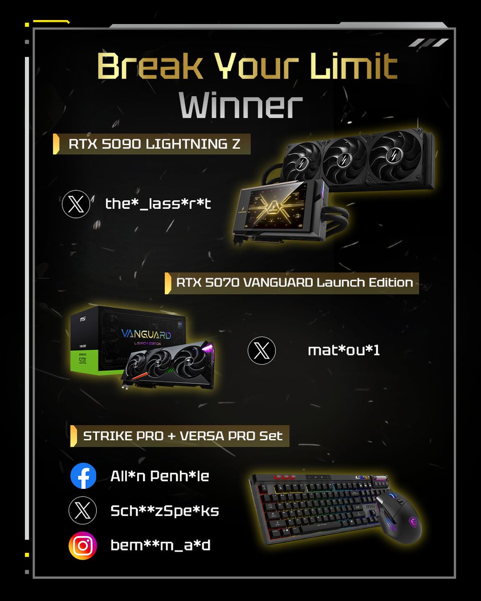 MSI_ES's tweet photo. Gracias a todos los que participaron en nuestra campaña «Rompe tus límites»✨
¡Enhorabuena a todos los ganadores! Consulta la imagen para ver si has ganado y envíanos un DM antes del 3 de marzo para reclamar tu premio⚡
Y recuerda, ¡sigue rompiendo límites! 💪
#LightningZ https://t.co/yjaW9hrJ1l