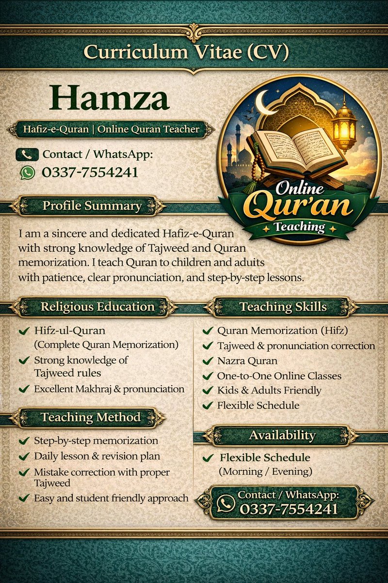 Quranteaching45's tweet image. Want your child to learn Quran with proper Tajweed?
Free 3 Days Trial Class Available.
DM me.Assalamualaikum.
I offer online Quran classes with Tajweed.
If you are looking for a teacher for your kids, I offer free trial class.OnlineQuranTeacher
#LearnQuran
#QuranForKids
#Islamic